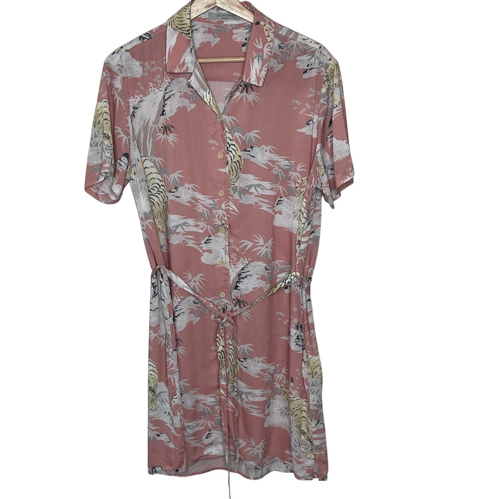 AllSaints Tiger Print Shirt Dress Pink Japanese Bamboo Short‎ Sleeve Medium